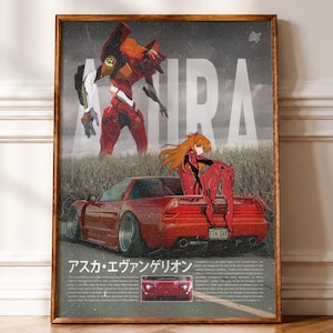 May include: A framed poster featuring a red sports car with a character with long orange hair sitting on the trunk. Above, a large red and white mechanical robot stands in a field. The text includes the word ASUKA and Japanese characters.