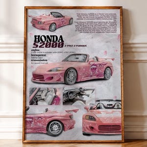 Puede incluir: Un póster enmarcado que presenta el Honda S2000 rosa de 2 Fast 2 Furious. Muestra múltiples vistas del coche, incluyendo ángulos exteriores y tomas interiores, junto con especificaciones técnicas y texto histórico sobre el papel del vehículo en el cine.