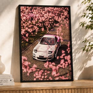 Puede incluir: Una impresión de arte mural enmarcada que muestra un coche deportivo blanco aparcado en un camino de grava bajo cerezos en flor de color rosa. El coche tiene faros escamoteables y una matrícula delantera oscura. Vista desde arriba.