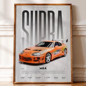 Może przedstawiać: Oprawiony plakat przedstawiający pomarańczowy samochód sportowy Toyota Supra MK4 z tylnym spojlerem i grafiką na boku. Tekst zawiera napisy TOYOTA SUPRA MK4, SUPRA oraz MK4, wraz ze specyfikacjami technicznymi, takimi jak 326 KM i silnik 3.0L.