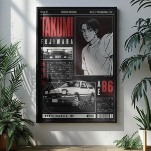 Puede incluir: Un póster rectangular negro con una ilustración estilo manga de Takumi Fujiwara y un Toyota Corolla AE86 blanco. El diseño incluye texto en rojo y blanco, caracteres japoneses y detalles técnicos, todo dentro de un borde negro fino.