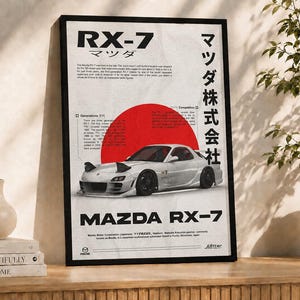 Puede incluir: Un póster enmarcado que presenta un coche deportivo Mazda RX-7 blanco centrado frente a un gran círculo rojo. El diseño incluye el texto RX-7, Mazda y caracteres japoneses, junto con párrafos descriptivos sobre la historia del vehículo.