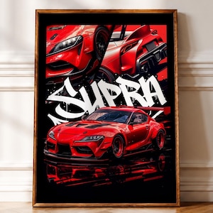 Könnte beinhalten: Ein gerahmtes Poster mit einem roten Sportwagen in drei verschiedenen Ansichten, darunter eine Frontansicht, eine Heckansicht und ein vollständiges Seitenprofil. Das Wort SUPRA ist in großen, weißen Graffiti-Buchstaben auf dem schwarzen Hintergrund.
