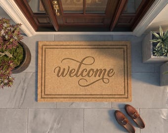 Personalized Welcome Script Doormat | Custom Border Frame Welcome Mat | Classic Entryway Decor | Laser Engraved