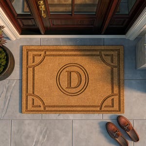 May include: A rectangular tan coir doormat featuring a dark brown border with corner accents and a central circular emblem containing the letter D. The mat is positioned on a gray tiled surface in front of a dark wood door with a gold handle.