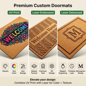 May include: Three rectangular tan doormats showing different customization techniques: a UV print with colorful flowers and the word WELCOME, a laser embossed mat with a herringbone pattern and the text Welcome Home, and a laser debossed mat with a letter M.