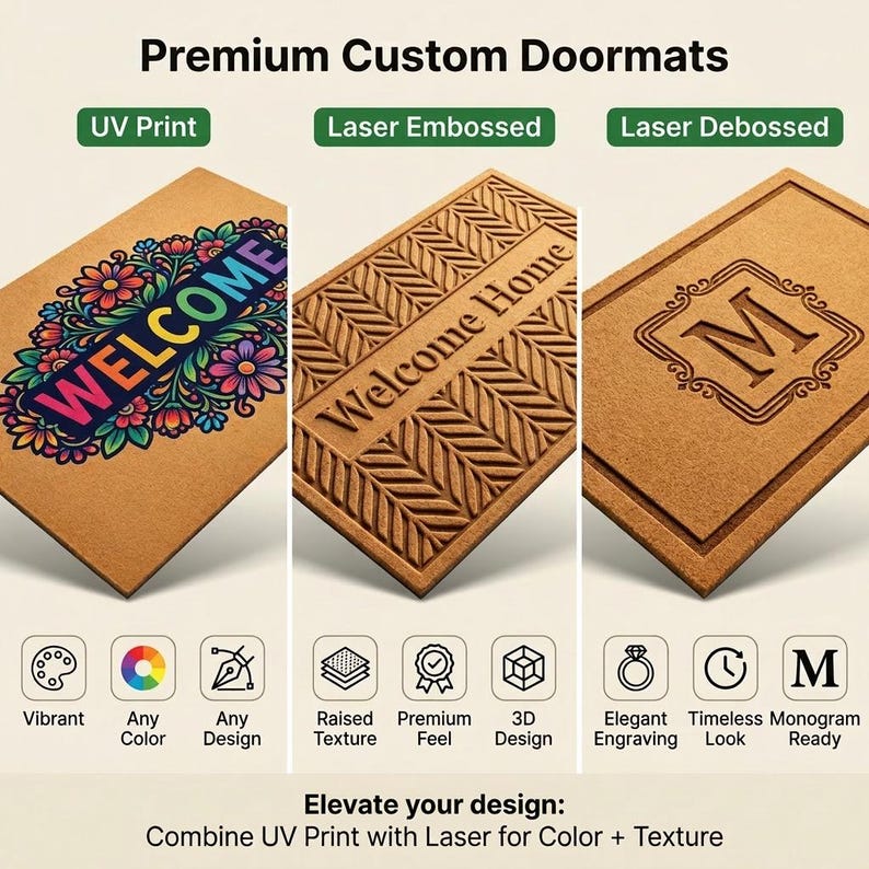 May include: Three rectangular tan doormats showing different customization techniques: a UV print with colorful flowers and the word WELCOME, a laser embossed mat with a herringbone pattern and the text Welcome Home, and a laser debossed mat with a letter M.