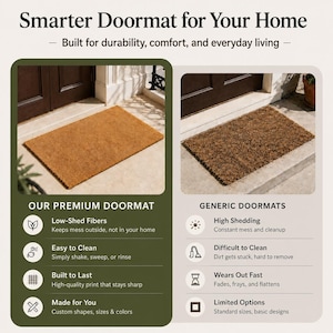 May include: A rectangular brown coir doormat shown in a comparison graphic titled Smarter Doormat for Your Home. The image contrasts a premium doormat with low-shed fibers against a generic doormat, highlighting features like easy cleaning and durability.