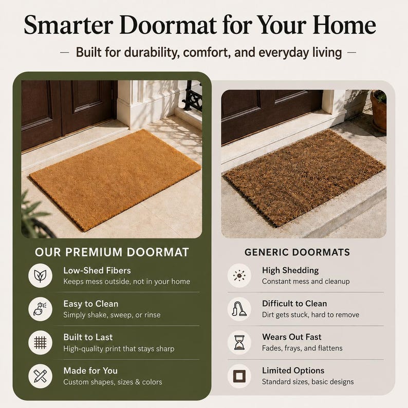 May include: A rectangular brown coir doormat shown in a comparison graphic titled Smarter Doormat for Your Home. The image contrasts a premium doormat with low-shed fibers against a generic doormat, highlighting features like easy cleaning and durability.