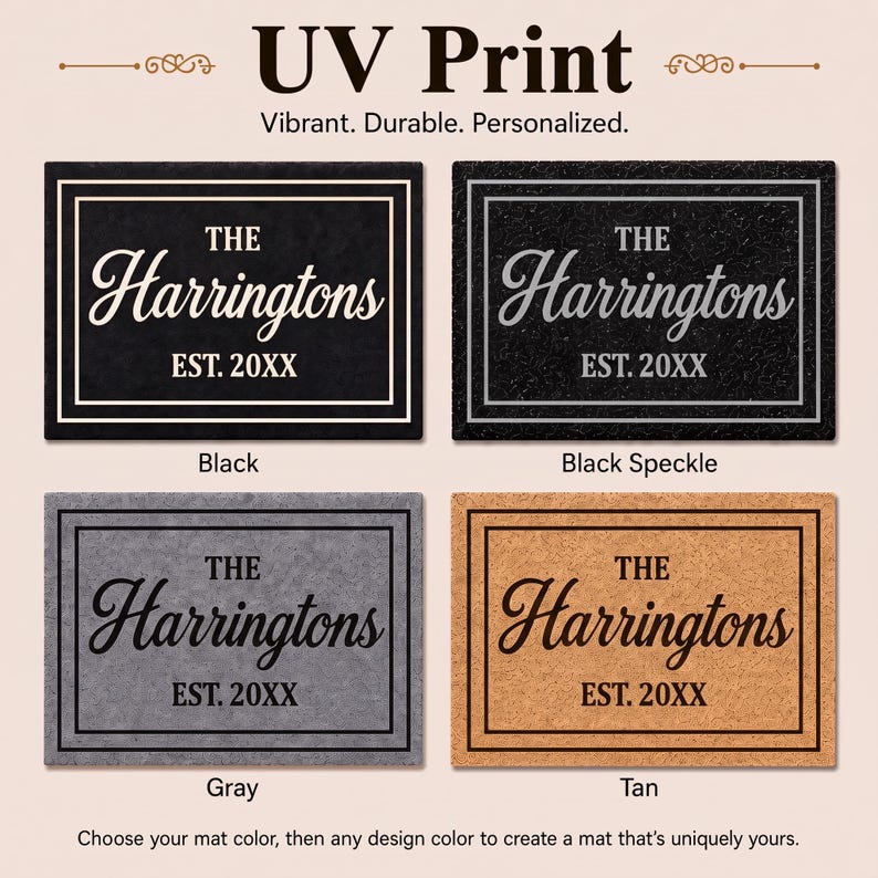 May include: Four rectangular doormats with UV print text reading THE Harringtons EST. 20XX. The mats are available in black, black speckle, gray, and tan colors. Each mat features a double-line rectangular border surrounding the personalized text.