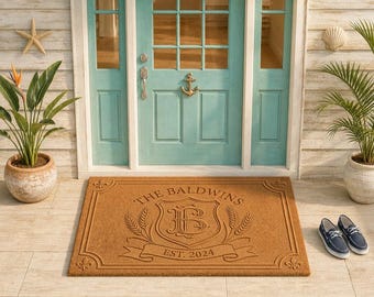 Felpudo personalizado con escudo familiar / Felpudo de bienvenida con apellido personalizado / Regalo de inauguración de casa / Grabado láser