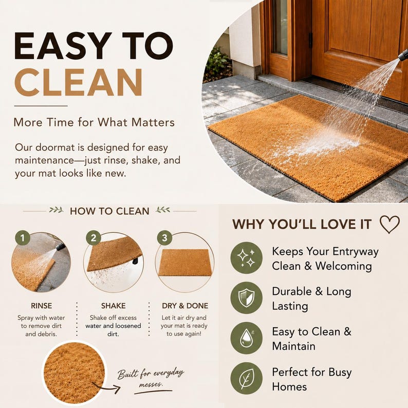May include: A rectangular brown coir doormat shown in an entryway being sprayed with water. The graphic includes text: EASY TO CLEAN, HOW TO CLEAN, and WHY YOU'LL LOVE IT, illustrating the rinsing, shaking, and drying process for maintenance.