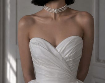 Triple Strand Pearl Choker Necklace with Crystal Centerpiece – Bridal Elegance