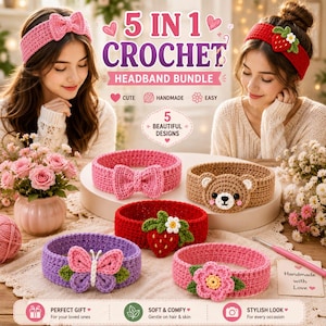 May include: A 5-in-1 crochet headband bundle featuring five distinct designs: a pink bow, a brown bear face, a red strawberry with a white flower, a purple butterfly, and a pink flower. Each headband is crafted with textured yarn.