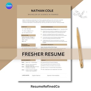 May include: A resume template with a tan and white color scheme. The resume includes sections for contact information, education, work experience, relevant coursework, achievements, and skills. A gold pen rests on the right side of the resume.