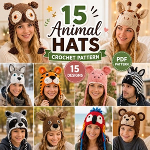 May include: A collection of 15 animal-themed crochet hats featuring designs such as an owl, giraffe, wolf, tiger, pig, zebra, raccoon, deer, parrot, and monkey. The image includes the text 15 Animal HATS CROCHET PATTERN and PDF PATTERN.