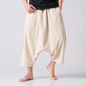 メンズ コットンリネン ハーレムパンツ | ドロップクロッチ ルーズフィット トラウザーズ