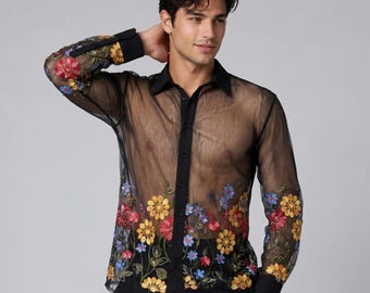 Broderad meshskjorta herr | Transparent blommig långärmad topp | Genomskinlig festivalskjorta | Streetwear designerskjorta | Modern festklädsel