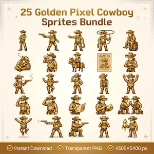 May include: A collection of 25 golden pixel art cowboy sprites featuring various poses and actions, including holding guns, riding a horse, and a wanted poster. The text 25 Golden Pixel Cowboy Sprites Bundle is displayed at the top of the image.