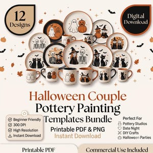 Può includere: Una collezione di 12 modelli per dipingere ceramiche a tema Halloween con illustrazioni di fantasmi, scheletri, gatti e zucche su piatti e tazze. Il testo recita Halloween Couple Pottery Painting Templates Bundle, Printable PDF & PNG.