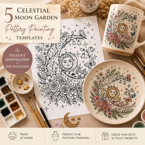 Puede incluir: Un conjunto de 5 plantillas de pintura para cerámica Celestial Moon Garden con dibujos en blanco y negro de luna creciente, sol, flores y mariposas. Incluye una taza y un plato de cerámica pintados, acuarelas y pinceles.