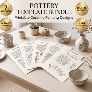 May include: A pottery template bundle featuring printable ceramic painting designs. The set includes seven sheets with various floral and geometric patterns, displayed alongside a ceramic mug, a bowl, a small vase, and a succulent in a pot.
