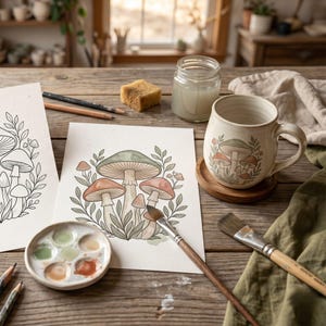 Könnte beinhalten: Ein Keramikbecher und ein Blatt Papier mit einer Pilzillustration in Grün- und Rotbrauntönen. Eine runde Keramik-Farbpalette mit getrockneter Farbe, ein Holzpinsel, ein Glas Wasser und Stifte sind auf einer hölzernen Oberfläche angeordnet.