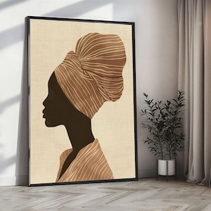 Canvas Wall Art Silhouette of Woman in Brown Striped Headwrap and Matching Outfit on Beige Background Statement Wall Art, Large Wall Art