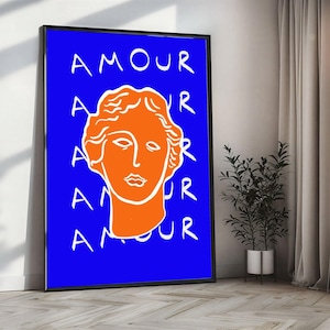 Canvas Art Print Bold Orange Classical Statue Head with Repeated "Amour" on Deep Blue Background Statement Wall Art, Large Wall Art