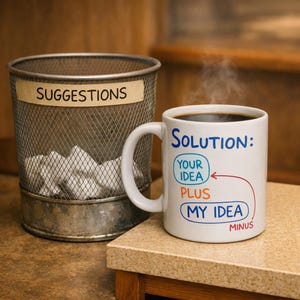 May include: A white ceramic coffee mug filled with dark liquid, possibly coffee, with steam rising. The mug has the word "Solution:" and a diagram with the words "Your Idea," "Plus," and "My Idea." A metal trash can labeled "Suggestions" is nearby.