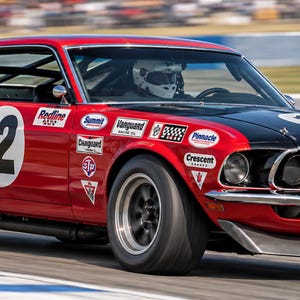 May include: A red and black racing car with the number 12 displayed on the side and bonnet. The vehicle features a black bonnet, a roll cage visible through the windows, and various sponsor decals on the front wings and doors whilst driving on a track.