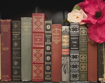 Set van 8 vintage boeken gemengd decoratief aanpasbaar op kleur esthetische inrichting boekenplank bibliotheek bruiloft tafel tafeldecoratie authentieke boeken
