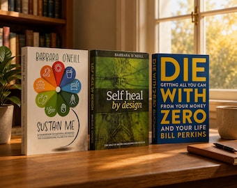 Set met beste van 3 boeken: zelfgenezing door ontwerp, Die with Zero, Sustain Me