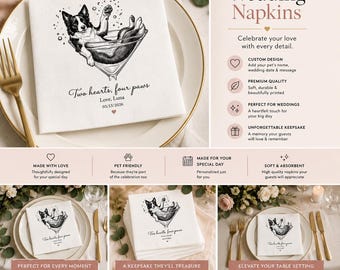 Servilletas personalizadas para mascotas con diseño de martini | Servilletas de boda con perro en copa de cóctel | Juego de servilletas personalizadas con retrato de mascota | Regalo para el perro homenajeado | Juego de 50