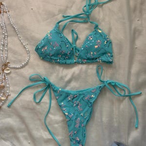 Sequined Aqua Blue Tie Side Bra Bikini Swimwear Set l Personalizable, Custom Sizing Avail l Festival, Summer, Vacation, Bachelorette, Beach image 6
