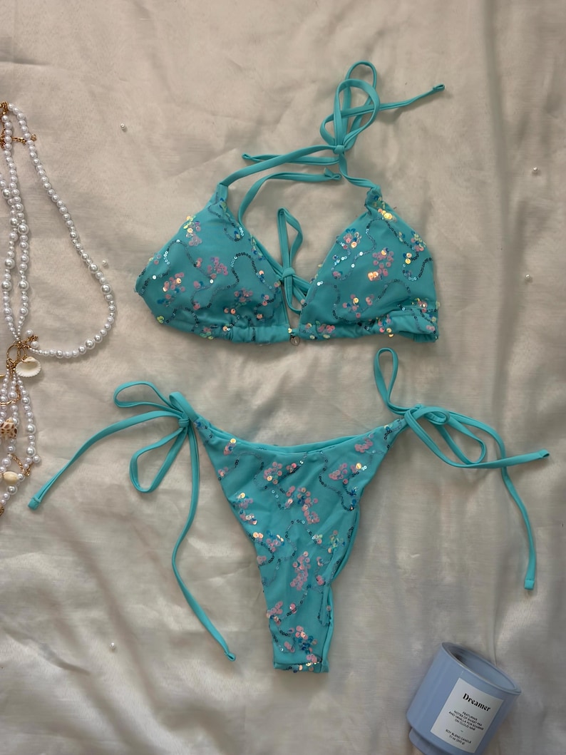 Sequined Aqua Blue Tie Side Bra Bikini Swimwear Set l Personalizable, Custom Sizing Avail l Festival, Summer, Vacation, Bachelorette, Beach image 6