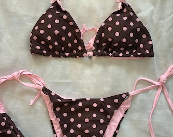 Retro Brown Pink Tie Side Triangle 3pcs Halter & Shorts Bikini Swimwear Set l Personalizable, Custom Sizing Avail l Festival, Summer, Cute