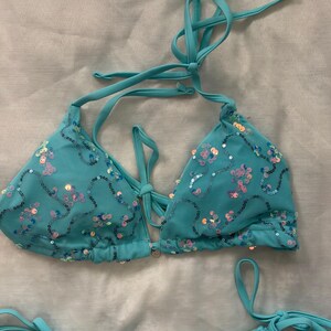 Sequined Aqua Blue Tie Side Bra Bikini Swimwear Set l Personalizable, Custom Sizing Avail l Festival, Summer, Vacation, Bachelorette, Beach image 2