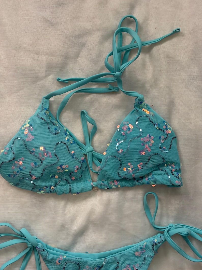 Sequined Aqua Blue Tie Side Bra Bikini Swimwear Set l Personalizable, Custom Sizing Avail l Festival, Summer, Vacation, Bachelorette, Beach image 2
