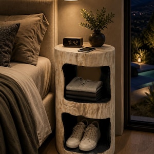 Peut inclure: Une table de chevet cylindrique sculptée dans un bois clair avec deux compartiments de rangement ouverts. Le dessus accueille une horloge numérique affichant 10:42, un smartphone et une petite plante en pot. Les étagères contiennent des chemises pliées et des baskets.