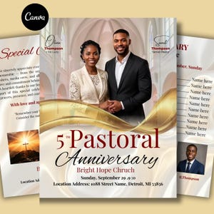 May include: A flyer for a church's 5th Pastoral Anniversary, featuring a couple in formal attire. The design includes gold accents, the text "5th Pastoral Anniversary," and the church's name and address. The Canva logo is in the upper left corner.