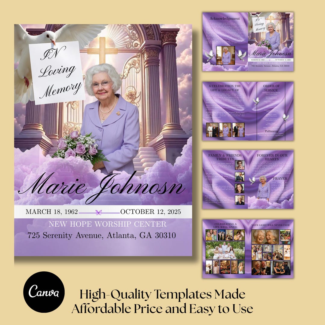 Editable Canva Funeral Program Template,Light Purple Obituary Memorial ...
