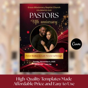 Pode incluir: Um flyer de evento marrom e preto para a Igreja Batista Missionária Grace celebrando o quinto aniversário de seus pastores. O flyer inclui uma foto de um casal, detalhes do evento e o logotipo da Canva.