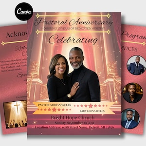 Könnte beinhalten: Ein Flyer für ein pastorales Jubiläumsprogramm mit einem Foto eines Paares und dem Text Pastoral Anniversary, Honoring 25 Years of Dedicated Ministry, Celebrating, Pastor Adrian Wells, Lady Leona Wells, Bright Hope Chruch sowie Standortdetails.