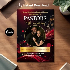 May include: A digital flyer for Grace Missionary Baptist Church celebrating their pastors' fifth anniversary. The design features a photo of a couple, with text including the date, time, and names of Pastor Rodney & Lady Pamela Yarbrough.