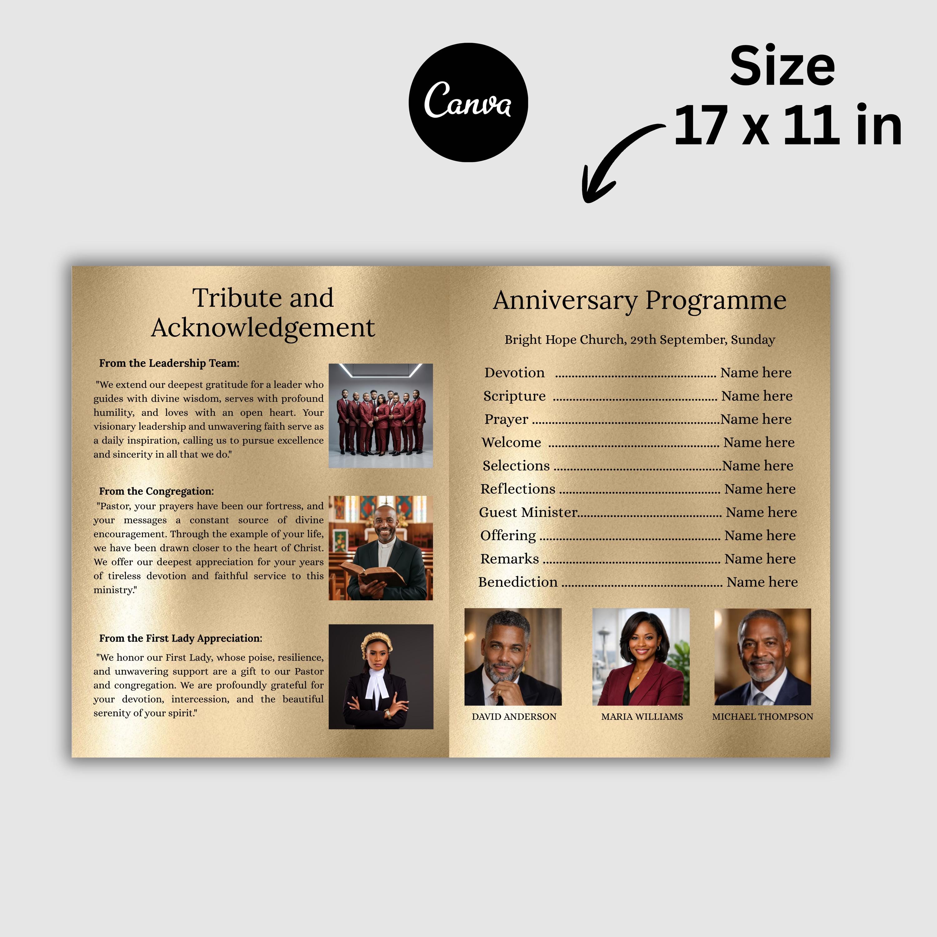Editable Canva Pastoral Anniversary Program Template, Bifold Church ...