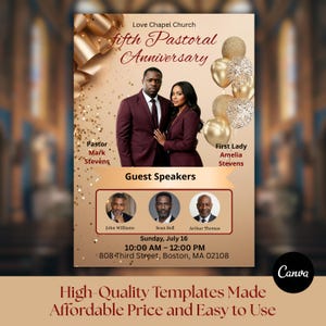 May include: A promotional poster for the fifth Pastoral Anniversary at Love Chapel Church. The design features a couple in burgundy suits, gold balloons, and the names of guest speakers. Text includes the date, time, and address in Boston, MA.