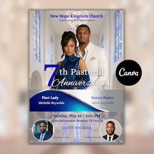 Puede incluir: Un folleto de evento eclesiástico para el 7º Aniversario Pastoral de la New Hope Kingdom Church. Presenta a la pareja Michelle y David Reynolds, con los oradores invitados Matthew Clark y Nathan Brooks. Incluye fecha, hora y lugar.