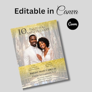 May include: A rectangular flyer template featuring a couple in formal attire, gold glitter accents, and text reading 10TH PASTORAL ANNIVERSARY, SUMIT THOMPSON SENIOR PASTOR, OLIVIA THOMPSON FIRST LADY, BRIGHT HOPE CHRUCH, SUNDAY, SEPTEMBER 29, 9:0, 1088 STREET NAME, DETROIT, MI 53856.