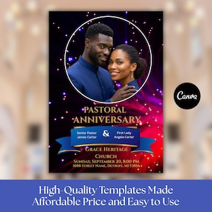 Op de afbeelding: Een promotieposter voor een Pastoraal Jubileum evenement. Het ontwerp toont een stel in een cirkelvormig kader, met de tekst "PASTORAL ANNIVERSARY" en details over het evenement, inclusief datum, tijd en locatie. Het Canva-logo staat in de hoek.